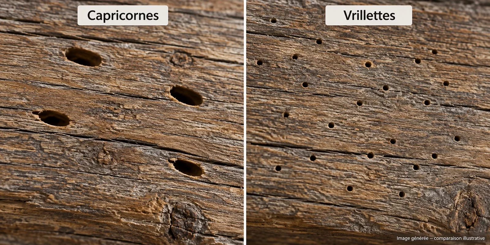 Comparaison illustrée des trous de sortie dans le bois : grands trous ovales des capricornes à gauche, petits trous ronds des vrillettes à droite