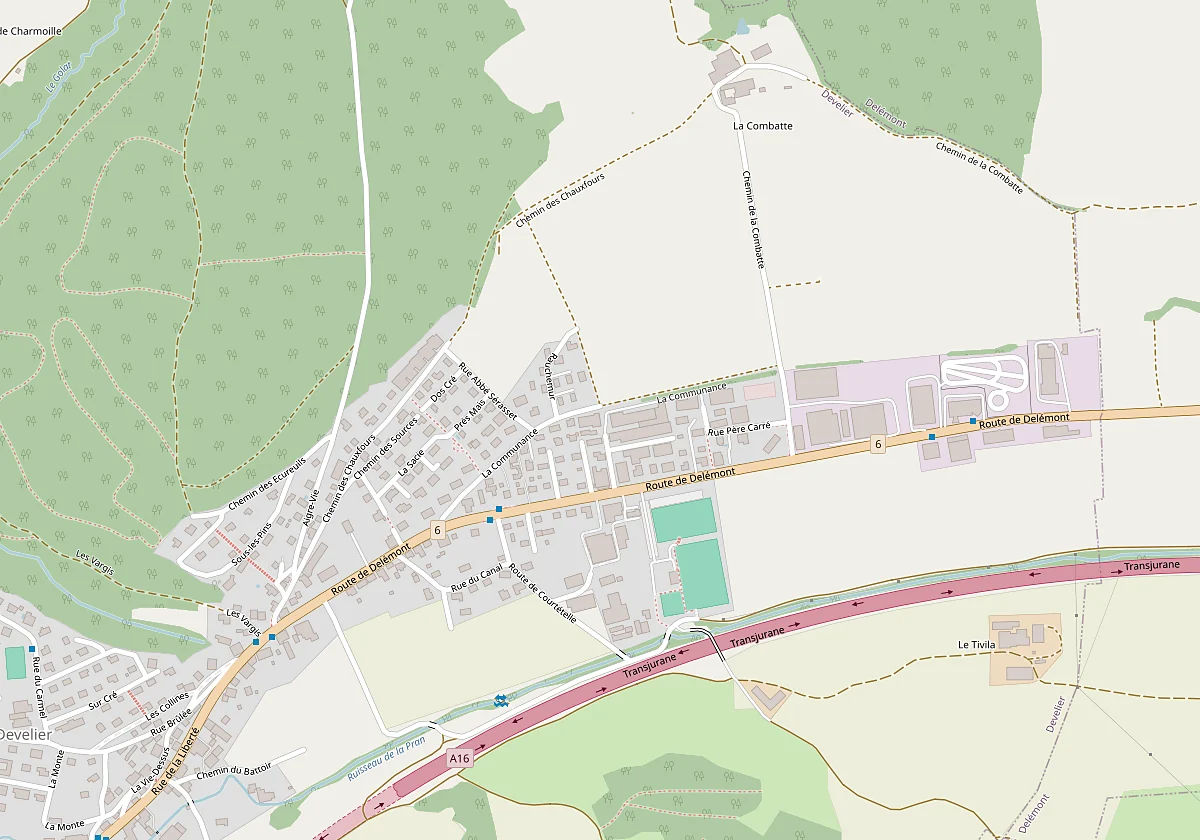 Zufahrtsplan zur Ma-Tek-Werkstatt, Rue des Ruisseaux 9 in Develier, nahe der Strasse nach Delsberg und der Autobahn A16