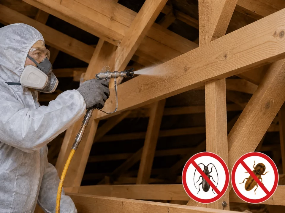 Traitement préventif d'une charpente par pulvérisation d'un produit de protection du bois