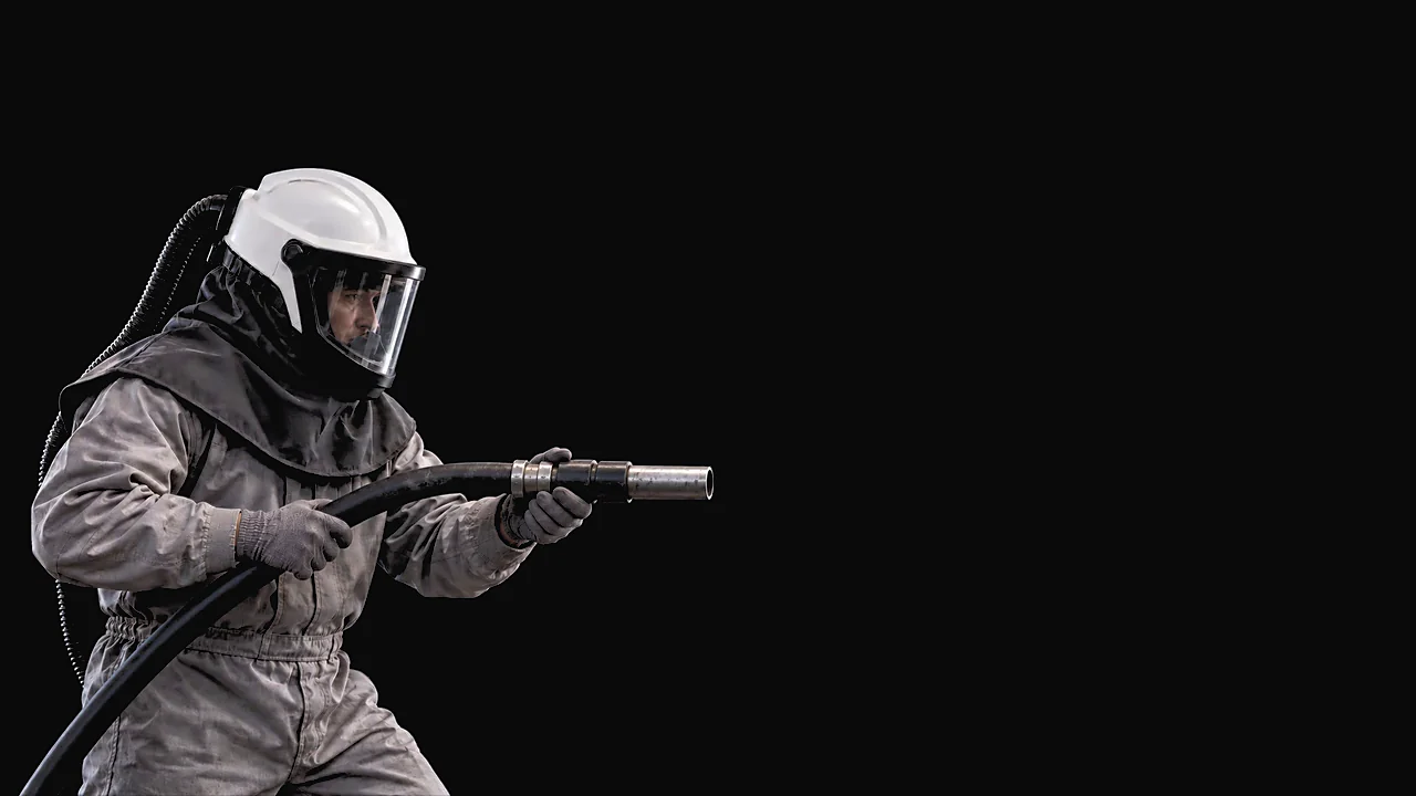 Sableur Ma-Tek en combinaison et casque ventilé, buse de sablage pointée vers les matières traitées